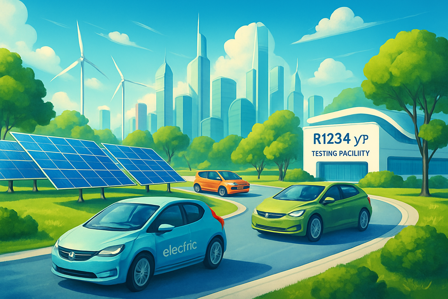 Illustration of a sustainable cityscape with electric vehicles using R1234yf, featuring clean air and a FOTECH testing facility in the background