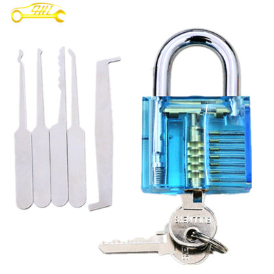 blue color transparent practice padlock with 5 pcs tension tool set practice lock pick set for beginner training skill