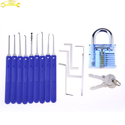 blue cover lock pick set with blue transparent padlock high quality 9 pcs practice lock pick set with 4 tension tools