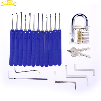 blue cover lock pick set with transparent padlock high quality 12 pcs practice lock pick set with 5 tension tool
