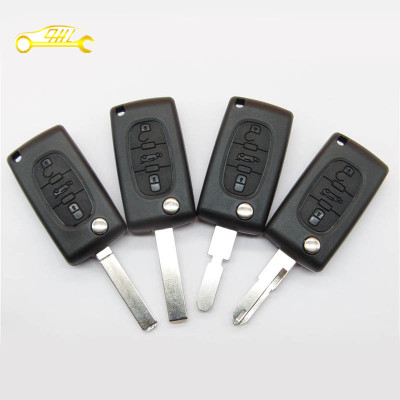 Factory sale 4 pcs Peugeot 407 3 buttons flip key cases light button with logo and different key blades set