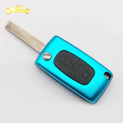 Factory sale Peugeot 2 button flip remote key shell with battery place and 407 blade(blue)