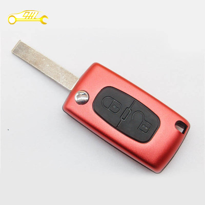 Factory sale Peugeot 2 button flip remote key shell with battery place and 407 blade (red)