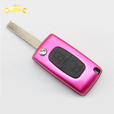 Factory price Peugeot 2 button flip remote key shell with battery place and 407 blade(purple)