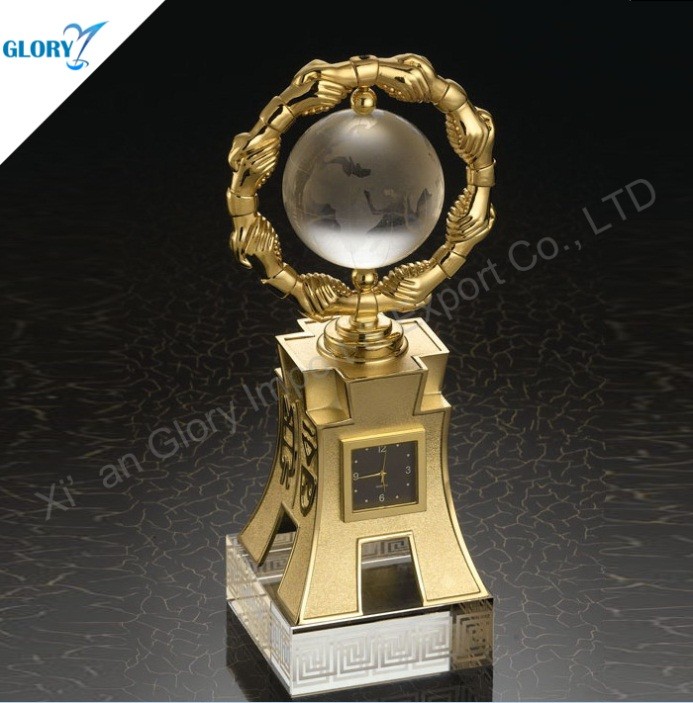 Elegant Metal Crystal World Globe Trophy Award With Clock
