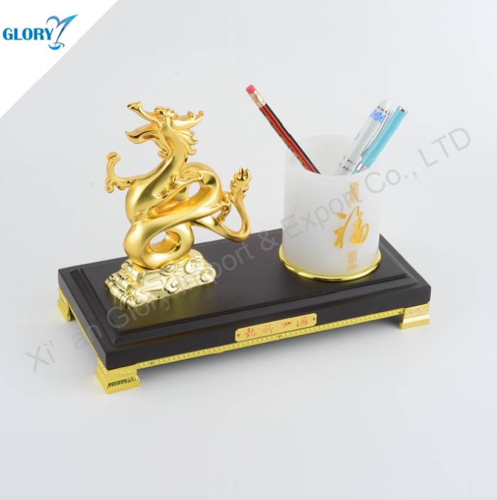 Elegant Golden Dragon Desktop Gift with Pen Holder