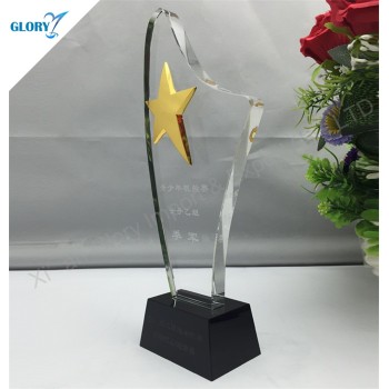 Engraved Metal Gold Star Optical Crystal Plaque Trophy