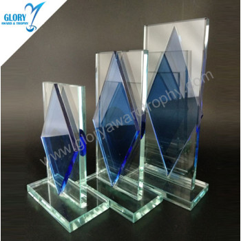 Hot clear and blue glass connection plaque trophy award