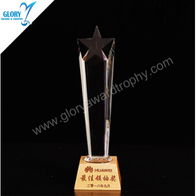 Fine quality star crystal trophy with wooden trapezoidal base