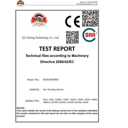 Test Report for Pipe Threading Machines