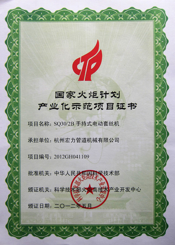 Certificado de Proyecto de Demostración de Industrialización del Proyecto Nacional de Antorcha