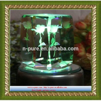 3d Laser Engraved Crystal Rose Cube with Led base,personalized 3d crystal cube manufacturer