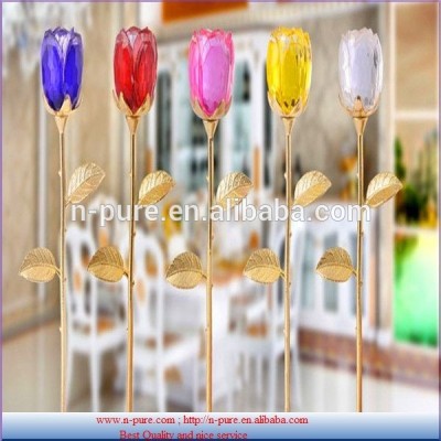 top grade crystal rose with golden leaves gift