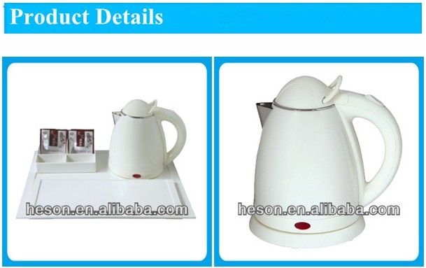 hotel amenity electric plastic mini kettle with welcome tray set for guest room/yiwu tea kettle with tray set