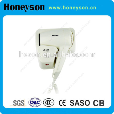 Wall mounted hotel hair dryer with shaver socket