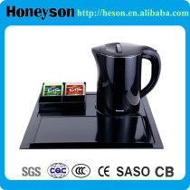 Black double wall electric kettle with hotel melamine welcome tray