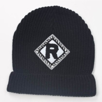 warm unisex black Beanie acrylic knitted hat with white rhombus logo