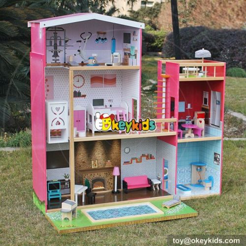 New design model size girls wooden uptown dollhouse with furniture W06A152