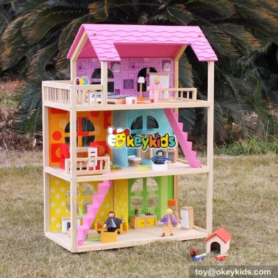 Okeykids Girls perfect pink wooden dollhouse kits with furniture W06A170
