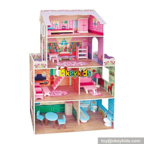Best design pink girls multi-Level wooden big doll house for kids W06A239