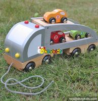 Cartoon pull and push wooden car transporter toy for children W04A186