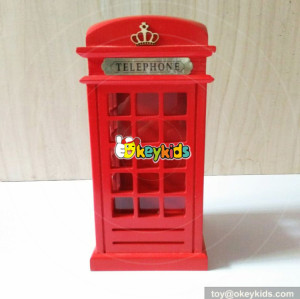 Wholesale newest telephone booth shape kids wooden piggy bank cans W02A265