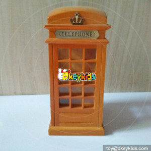 Wholesale new product telephone booth shape wooden brown coin bank W02A274