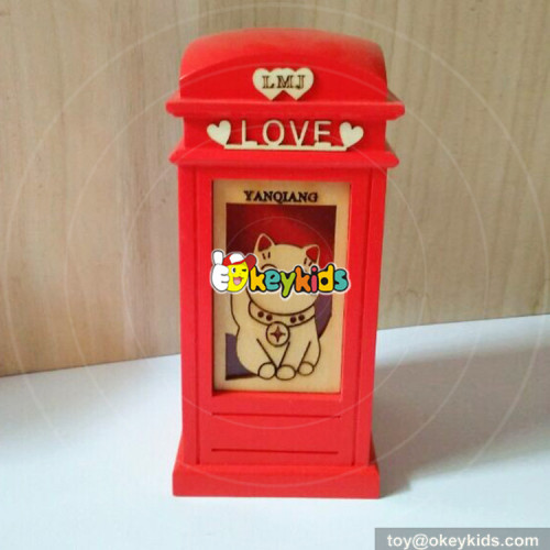 Wholesale customized telephone booth shape wooden blue piggy bank W02A276