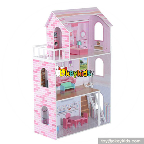 wholesale 13 pieces of furniture kids pink wooden cottage dollhouse pretend play wooden cottage dollhouse for children W06A230
