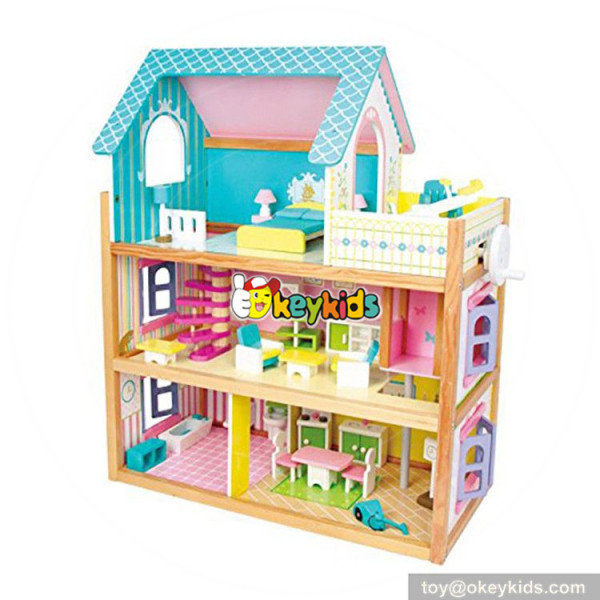 Okeykids toddlers pretend toys wooden small dollhouse with furniture W06A231