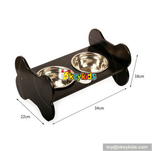 High quality double stainless steel pet bowls wooden dog feeder W06F046
