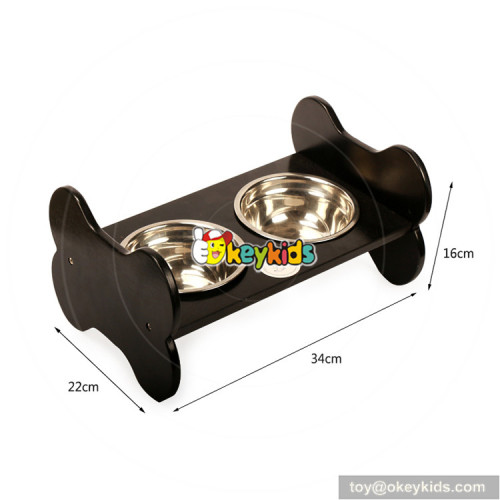 High quality double stainless steel pet bowls wooden dog feeder W06F046