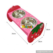 cheap double stainless steel pet bowls wooden dog feeder W06F047