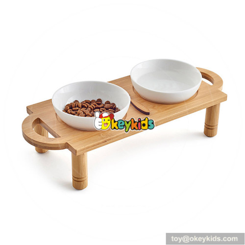 cheap wooden dog food dispenser with double stainless steel bowls W06F054