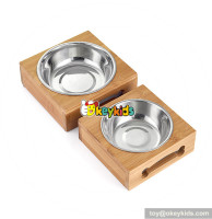 cheap wooden bamboo elevated dog feeder with stainless steel bowls W06F058