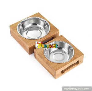 cheap wooden bamboo elevated dog feeder with stainless steel bowls W06F058