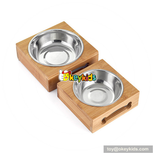 cheap wooden bamboo elevated dog feeder with stainless steel bowls W06F058