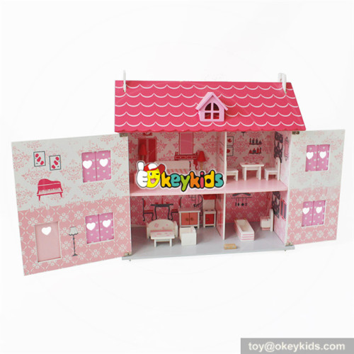 Wholesale pretty pink theme wooden 2 layers doll house toy for girls W06A256