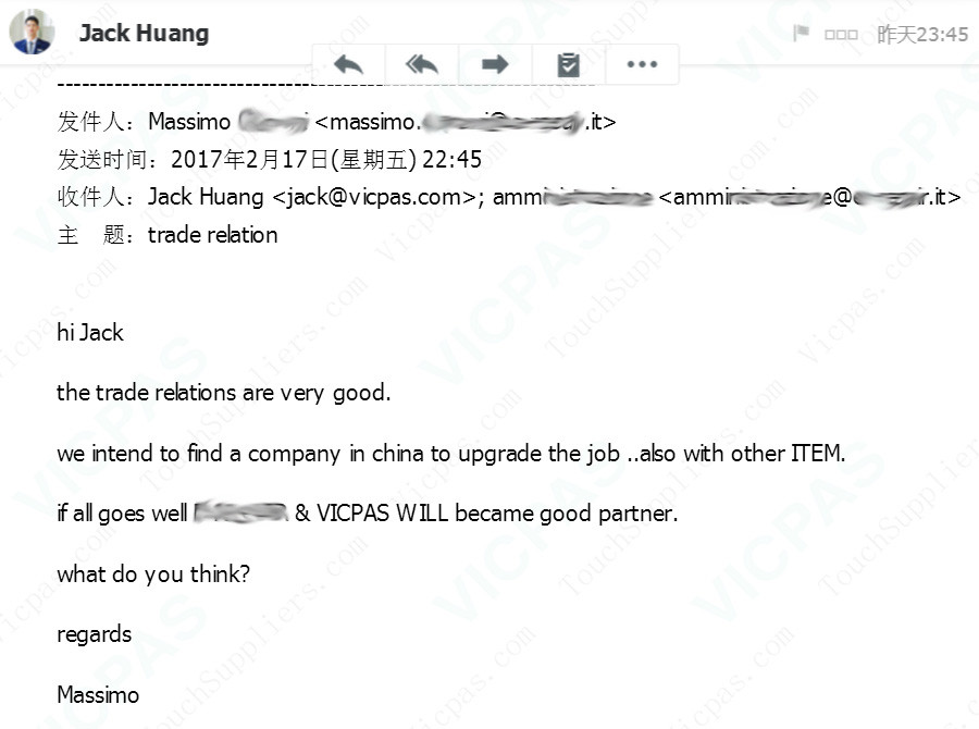 Itália! Temos a intenção de encontrar uma empresa na China para atualizar o trabalho e também com outro ITEM.