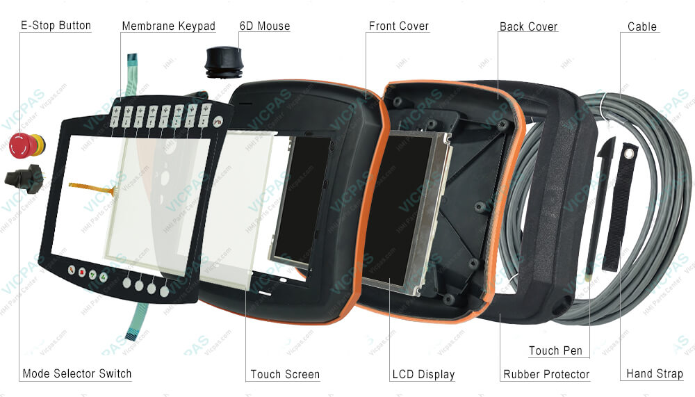 Supply KUKA KRC4 CK KCP4 VKRC4 Teach Pendant Parts, Front Case, E-Stop Button, 6D Mouse, PTOO Switch Contact, Touch Screen, Back Cover, E-Stop Contact, Mode Selector Switch, LCD Display, Cable, Protective Cover, Hand Strap, Disconnecting Button, Membrane Keypad and Touch Pen Replacement