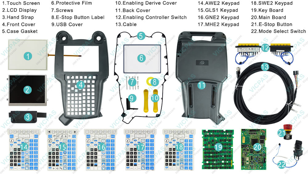 Buy Fanuc A05B-2255-C100#SGN Teach Pendant Parts, HMI case, main board, screws, membrane keyboard, USB cover, enabling controller switch, LCD screen, case gasket, PCB board, E-stop button label, mode switch, hand strap, cable, protective film, touch screen, enabling derive cover and E-stop button for repair replacement