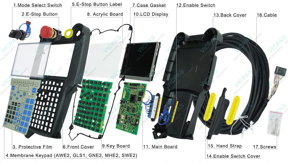 Buy Fanuc A05B-2255-C107#JGN USB cover case gasket cable LCD display two-speed switch touch screen terminal keypad screws protective film E-stop button label mainboard plastic shell housing enabling controller switch PCB board enabling derive cover hand strap E-stop button Teach Pendant replacement