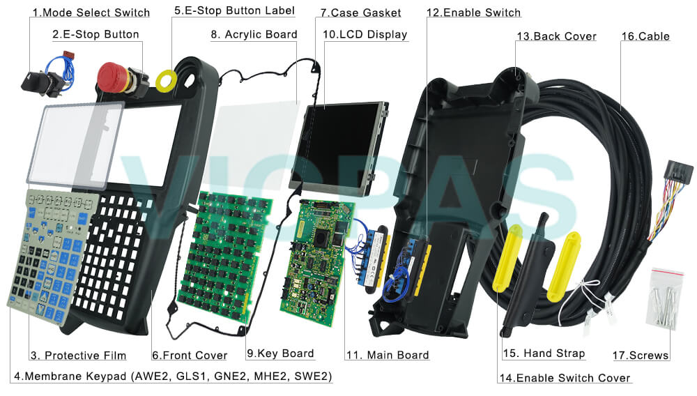 Buy Fanuc A05B-2255-C102#EAW protective film mode select switch HMI case enabling derive cover case gasket touchscreen hand strap emergency stop button label enabling controller switch terminal keypad USB cover E-stop button screws PCB keyboard mainboard cable LCD display screen Teach Pendant replacement
