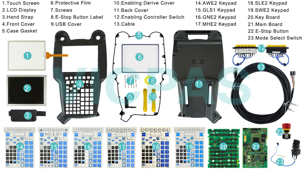 Buy Fanuc A05B-2518-C213#ESW touch panel, emergency stop switch, screws, front case, LCD display, enabling derive cover, membrane switch, case gasket, protective film, mode switch, cable, main board, USB cover, PCB keyboard, E-stop button label, hand strap, enabling controller switch, back cover Teach Pendant replacement