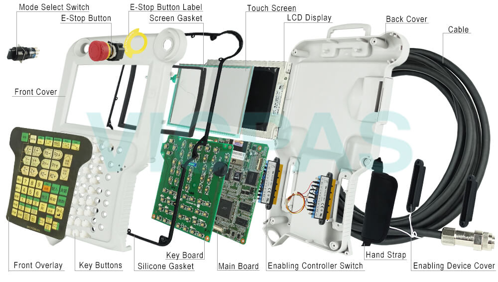 Motoman YASKAWA JZRCR-NPP04B-3 Teach Pendant Parts, touchscreen, membrane keypad, LCD display, E-Stop Button, E-Stop Button Label, Key Board, Key Buttons, Main Board, Enabling Controller Switch, Enable Switch Cover, Hanger, Hand Strap, Screws, Silicone Gasket, Case Gasket, Cable, Case Accessories, Mode Selector Switch, and protective case shell for repair replacement