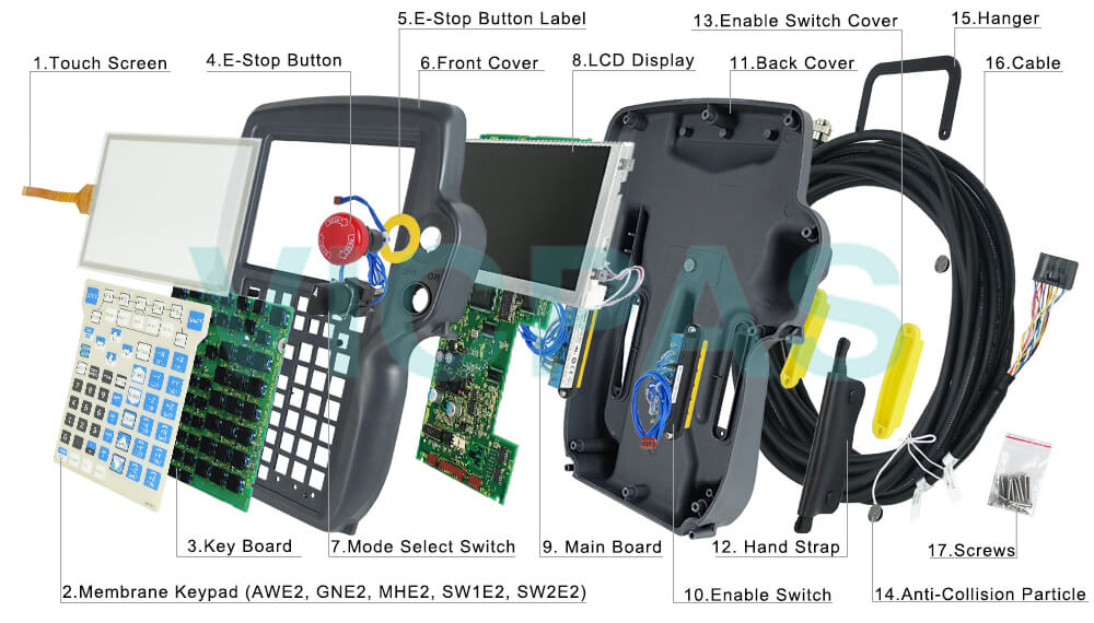 Buy Fanuc A05B-2490-C200#EMH screws, cable, LCD display screen, mainboard, PCB board, anti-collision particle, membrane keypad, hanger, front case, back cover, two-speed switch, case gasket, emergency stop, enabling controller switch, touch screen, enabling derive cover, hand strap Teach Pendant replacement