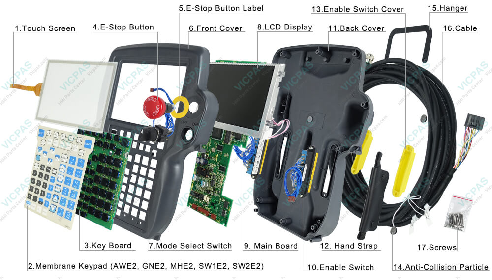 Buy Fanuc A05B-2518-C302#EMH screws, touch screen panel, E-stop button label, hand strap, mode switch, back cover, emergency stop, front case, LCD screen, anti-collision particle, membrane keyboard, hanger, enabling derive cover, enabling controller switch, main board, case gasket, cable, key board Teach Pendant replacement