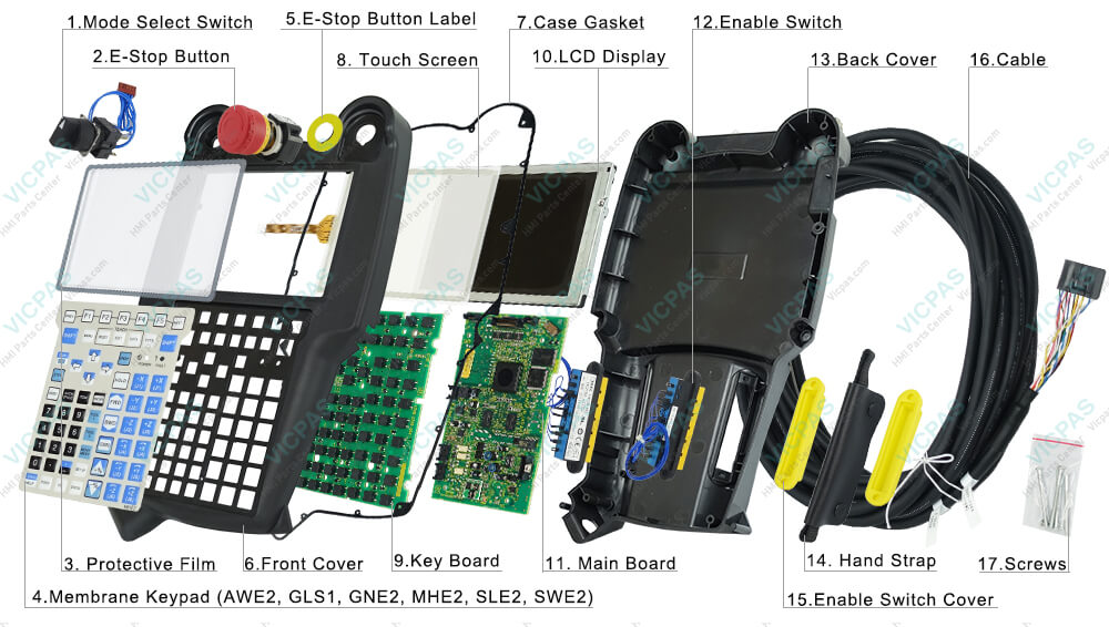 Buy Fanuc A290-7213-X702 Teach Pendant USB cover, membrane keyboard, touch screen, cable, LCD display panel, case gasket, protective film, screws, E-stop button label, enabling derive cover, enabling controller switch, PCB board, main board, emergency stop switch, back cover, mode selector switch, hand strap, front case replacement