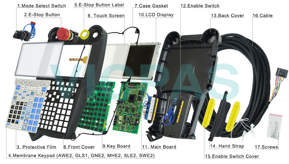 Buy Fanuc A05B-2518-C202#EAW Fanuc A05B-2518-C202#ESW Teach Pendant enabling derive cover, HMI case, screws, USB cover, touchscreen glass, cable, LCD screen, emergency stop, protective film, enabling controller switch, motherboard, two-speed switch, hand strap, E-stop button lable, key board, case gasket, terminal keypad replacement