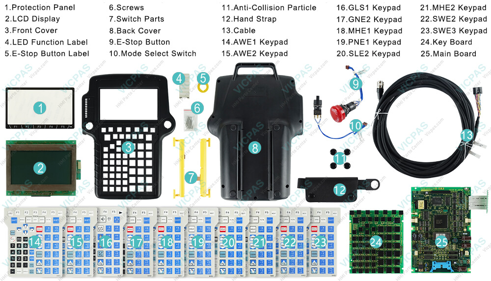 Buy Fanuc A05B-2301-C305 membrane keypad, LCD display screen, anti-collision particle, E-stop button label, switch parts, mode selector switch, HMI touch glass, PCB board, emergency stop button, hand strap, mainboard, screws, protection panel, LED function label, cable, HMI case Teach Pendant replacement